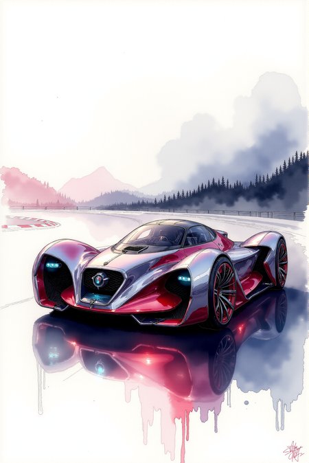 <lora:Vibrant_watercolor_v.21:0.80> A watercolor illustration featuring A sydme1 painting. SPCCRFT style.   A futuristic race car concept, depicted in a dynamic perspective, showcasing fluid aerodynamic curves and aggressive styling. The design is rendered in a vibrant watercolor technique, with smooth gradients and translucent washes of color enhancing the form. The body is enveloped in a sleek combination of deep crimson reds and cool metallic grays, with subtle reflections that capture the interplay of light across its contoured surfaces.  The cockpit features soft washes of warm hues, creating an inviting contrast against the bold, angular framework that surrounds it. The vehicleâs chassis is accentuated with precise ink-like outlines, lending a technical yet artistic feel to the composition. Fluid brushstrokes define the intricate mechanical components, from the reinforced wheel arches to the high-performance propulsion system at the rear, where bursts of soft diffused color suggest heat and motion. Accents of glowing cyan headlights and streamlined vents are delicately applied with subtle transparency, allowing the underlying textures to show through. The wheels, partially enclosed within aerodynamic housings, feature gradients that imply speed and motion, blending into the surrounding atmosphere with soft watercolor bleeds. The background is left minimal with gentle gray washes, allowing the car to dominate the scene while suggesting an environment of high-speed circuits and futuristic landscapes. Fine details, such as technical markings and performance indicators, are integrated seamlessly within the design, adding an additional layer of realism and functionality to the artistic vision.