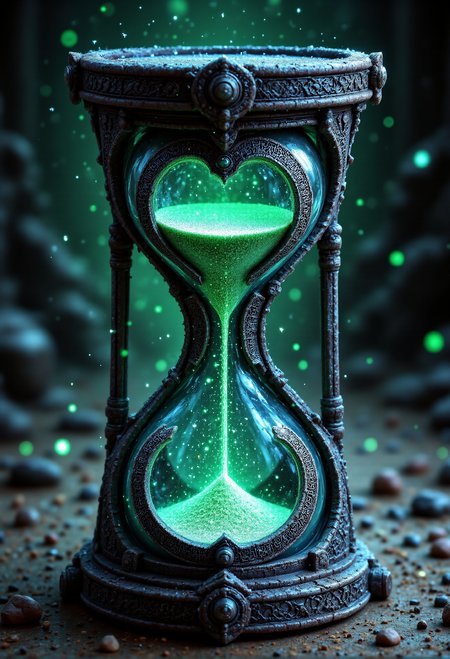 A colossal hourglass with shimmering sands of silver and emerald dust, encased in an intricately carved obsidian frame