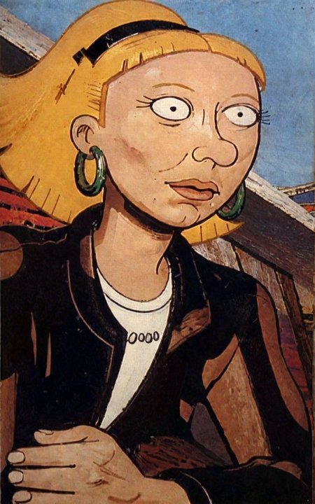 social realism \(style\),allegorical painting \(genre\) ,<lora:david-alfaro-siqueiros_pony_v1:1> ' olga pataki ' by Siqueiros David Alfaro in 1944,   <lora:OlgaPony2:1>  blonde hair, hoop earrings, retro artstyle, score_9, score_6_up, score_7_up