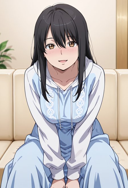 masterpiece, best quality, amazing quality, very aesthetic, absurdres, newest, illustration, perfect composition, intricate details, highres, anime coloring, 1girl, solo, yukiww, mature female, brown eyes, black hair, long hair, bangs, hair between eyes, hoodie, hood, hood down, light blue long dress, <lora:Kaizuka_Yuki_Aldnoah_Zero_ill_v1.1:1>, (front view), leaning forward, sitting, v arms, arms between legs, indoors, spread legs, wide spread legs, living room, on couch, couch, looking at viewer, light smile, open mouth, nose blush, shiny body, shiny skin, skindentation, clear skin, shiny hair, ultra detailed eyes, depth of field, sharp, intricate details, hyperdetailed, ultra-detailed, detailed clothing folds, high contrast, dynamic light