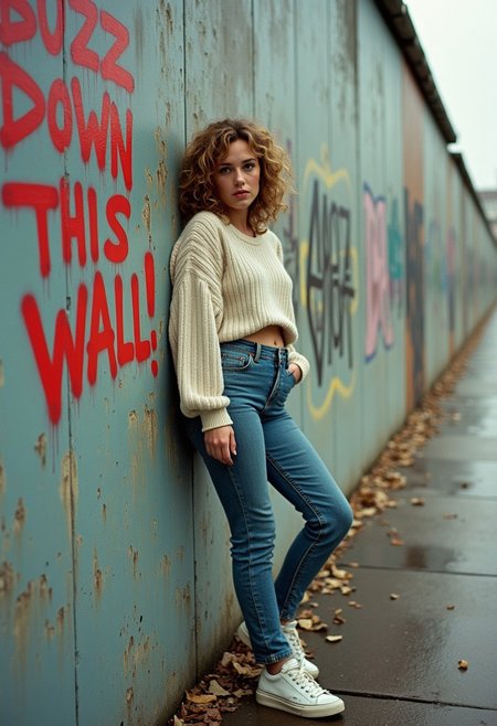 A candid, photorealistic image from 1989 of a busty young woman leaning casually against the Berlin Wall. The wall is covered in vibrant graffiti, and prominently next to her is a spray-painted message that reads: 'BUZZ down this wall!' in bold, uneven letters. The woman is dressed in tight but modest 1980s fashion: high-waisted jeans, a tucked-in fitted sweater, and classic white sneakers. Her hair is styled in a typical 1980s look, with voluminous curls and a slightly teased crown.  The photo has an authentic analog feel, shot on a vintage 35mm film camera like the Canon AE-1, using Kodak Gold 200 film. The lighting is natural, with soft, diffused sunlight typical of an overcast day, casting a muted glow over the scene. Slight film grain, subtle color shifts, and light lens flares enhance the nostalgic atmosphere. The background includes other sections of graffiti-covered wall and a glimpse of the cityscape, capturing the tension and energy of Berlin in 1989."