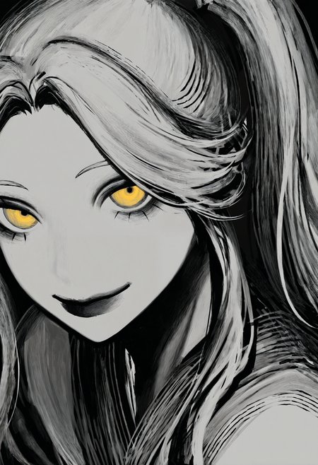 <lora:TnhocXQ=-noobaiXLNAIXL_epsilonPred_V110_V1-CAME>, Tnho, monochrome, greyscale, solo, long hair, white hair, 1girl, black background, red lips, smile, looking at viewer, portrait, closed mouth, yellow eyes, parted bangs, makeup, robe, sidelocks, high ponytail, simple background