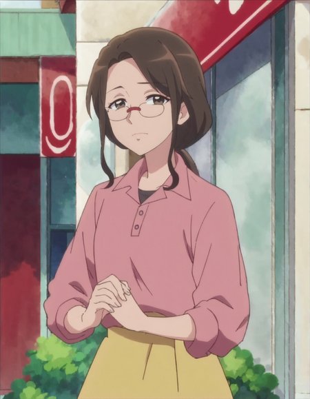 score_9, score_8_up, score_7_up, anime screencap,1girl, solo, glasses, brown hair, shirt, pink shirt, brown eyes, skirt, looking at viewer, own hands together, long hair, ponytail  <lora:kusakaorie:0.8>