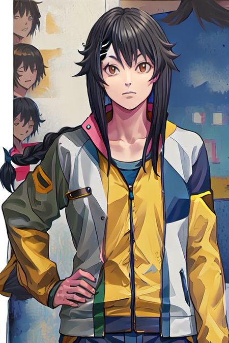 Chiemi Serizawa, black hair, blunt bangs, braided hair, brown eyes, yellow shirt, green coat, blue patch, denim shorts,, boots, yellow shirt, tracksuit