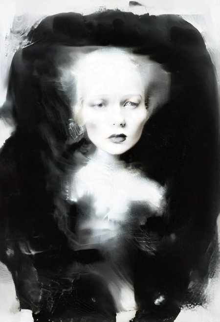 Monochrome black and white, Dali, Magritte, Delvaux, Bellmer, Malevitch, Rodchenko, Mondrian, Kandinsky, Popovna, psychedelic hallucination, pop surrealism, rough crosshatch drawing pop art Lunatic_Portrait of a young woman in latex Avant-garde Fashion page, slick back, low bun, black makeup, sinister expression, intense glare, avant-garde, abstract, weird, geometric, constructivism, suprematism, rayonism, verticism, lineism, tj