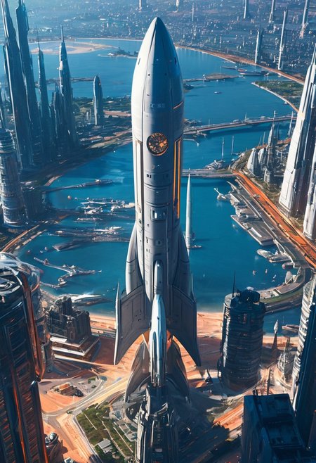 Masterpiece, best quality, UHD, 16k, high res,
futuristic city, territory of launch place, start of space ship, day,  
epic, dynamic colors, warm colors