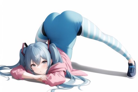 miku hatsune, blue hair, (looking at viewer), ((wearing blue and white stripes leggings)), ((solid pink jacket)), majestic, (white background), sexy, jack-o' challenge, flexible, spread legs, top-down bottom-up, <lora:jackOChallengePoseLora_jackoposefront:0.9>