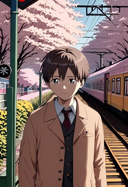 high resolution, solo, best quality, 1Boy, Takaki Toono, Brownish Hair, Brown Eyes, Train Crossing, Sakura, Cherry Blossom, OverallDetail