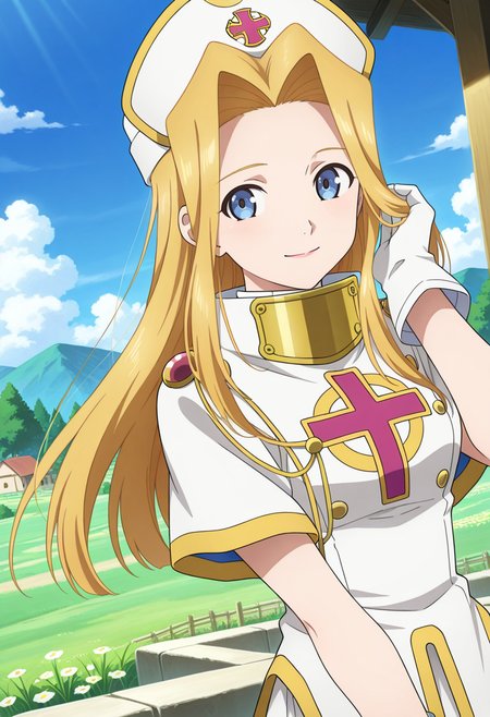 village, trees, clouds, day, flowers,
BREAK,
light smile, hand on hair, looking away,
cowboy shot, upper body, dynamic angle,
BREAK,
<lora:minti_illustriousXL_v04:0.95>
mintbase, blonde hair, long hair, blue eyes, parted bangs, white cap, white headwear, 
white dress, short sleeves, white gloves, priestess, cleric, white robe, gold trim, high collar, 
white footwear, white shoes,, source_anime, very aesthetic, anime coloring, masterpiece, 
best quality, amazing quality, ultra detailed, very aesthetic, 
detailed background, 
BREAK,