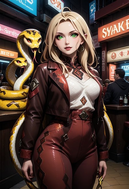(snake_hybrid:2.3), score_9, score_8_up, score_7_up , 1girl, solo, long hair, pink hair ribbon, cowboy shot, nightclub, neon lights, bokeh, depth of field, blush, happy, makeup, open leather jacket, red leather high waist pants, signora, Robina, long hair, hair between eyes, green eyes, pointy ears, elf, blonde hair, ahoge, Cyberpunk, pg rating.