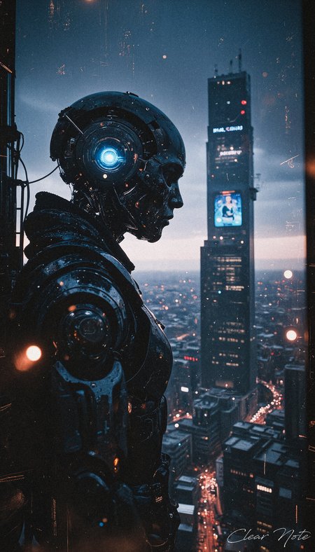 A cyborg sadly looks down on the big city. He exudes sadness more than any human could.