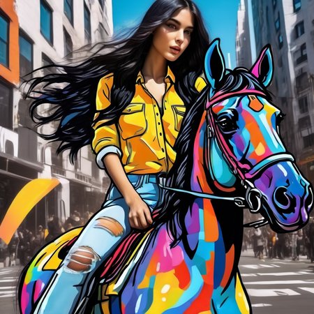 cartophoto photorealistic close up sexy beautiful girl black long hair on a colorful horse in a futuristic city, very detailed <lora:cartophoto:1>