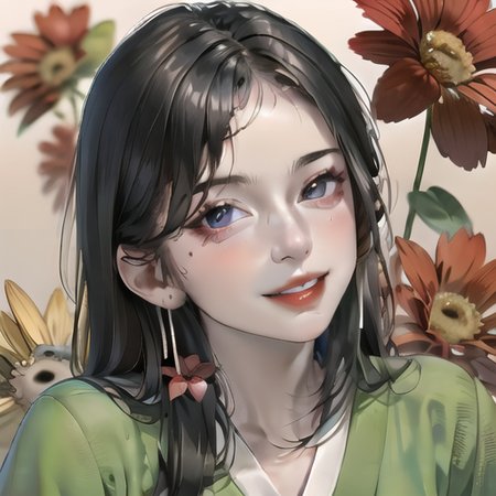 <lora:mewxai_loris_v1:1>, solo, 1girl, flower, black hair, long hair, looking at viewer, mole, japanese clothes, parted lips, red flower, earrings, upper body, jewelry, red lips, teeth, kimono, green kimono, mole under eye, bangs, makeup, eyelashes, portrait, lips, hair ornament, head tilt, parted bangs, shiny, smile, black eyes