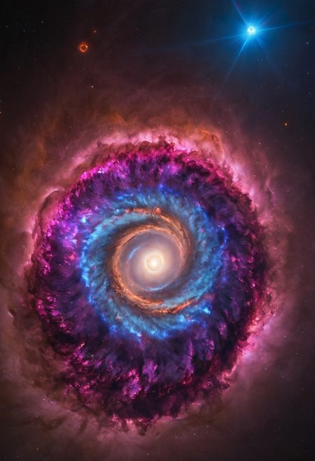 a dynamic and breathtaking image of the universe with vibrant colors and dramatic lighting. Show a swirling nebula in the foreground with bright, intense hues of blue, purple, and pink. In the background, depict a distant galaxy with spiraling arms and scattered stars. Include a supernova explosion, radiating brilliant light, and a mesmerizing black hole at the center, with cosmic debris swirling around it. Add a hint of distant planets and asteroids to create a sense of scale and depth. Make the entire scene feel alive and constantly in motion.