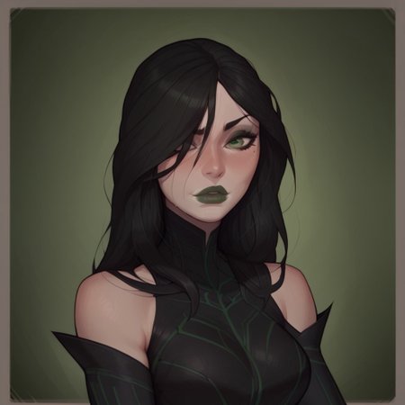 safe_pos, safe_pos, masterpiece, best quality, solo, 1girl, 35 year old woman , beautiful face, realistic face , Hela, long hair, black hair, bodysuit, black bodysuit, bare shoulders, green eyes, dark eyeshadow ,hair over one eye, muscular , dark green lipstick, black hair,  Seductive, 

 Expressiveh
