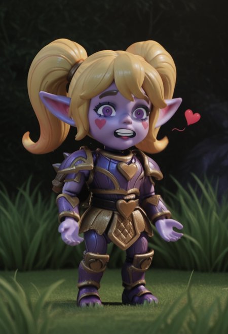 r0b0style, 3d figure,   masterpiece, best quality, solo,                        poppy \(league_of_legends\), blonde hair, armor, purple skin, love hearts,  seated on grass,  silly expression, grassy fantasy background