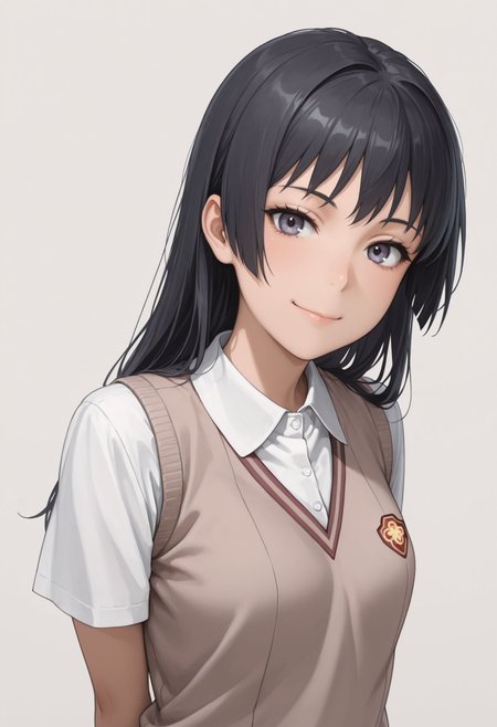masterpiece,best quality,absurdres,highres,very aesthetic,high quality,detailed,insanely detailed,beautiful, arms behind back, smile, upper body, looking at viewer, solo, simple background, white background
 <lora:Awatsuki Maaya illu:1> 1girl, tokiwadai school uniform, summer uniform, long hair, brown sweater vest, black hair, skirt, smile, white socks,background, shoes, loafers