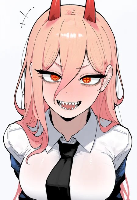 best quality, amazing quality, very aesthetic, absurdres,
1girl, power \(chainsaw man\), pink hair, blonde hair, red horns, red eyes, cross-shaped pupils, long hair, sharp teeth, hair between eyes, symbol-shaped pupils,
collared shirt, black necktie, long sleeves,
looking at viewer, white shirt, open mouth,
simple background, white background, smile, upper body, <lora:Azz0422Noob_byKonan:1>