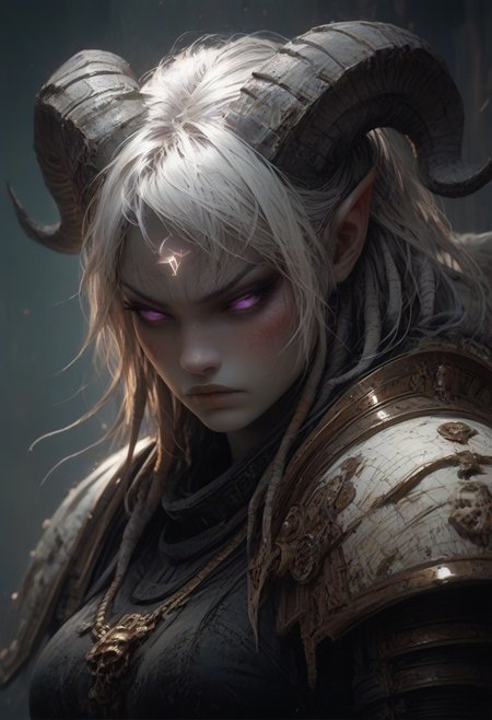 (absurdres, best quality, masterpiece:1.4), score_9, score_8_up, score_7_up, score_6_up, detailed, detailed body, detailed face, world of warcraft, fantasy, <lora:add-detail-xl:1.5>, 
fFaceDetail, SkinDetail, fFaceDetail, (female, draenei, h0rns, ram horns, white horns, tall, pale white skin, long white hair, purple eyes, no pupils, no sclera),
BlackT40k, 
upper body, angry, angered