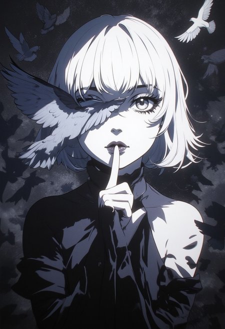 An Acrylic style painting that is expressive, gives it a dynamic and emotional quality. Anime art of a stylized portrait of a woman with a ethereal black and gray mist surrounding her body. The mist creates a dramatic and surreal effect. A pigeon's wing, which flies, covers one of the eyes, the front of the face. The woman has a cold aesthetic, complimented by her white hair. Anime art of woman draped in shadows with a lighting that enhances her unique features.
The background is dark gray, filled with  a pigeon swarm flying.
Holding finger to lips, shush, shushing motion,