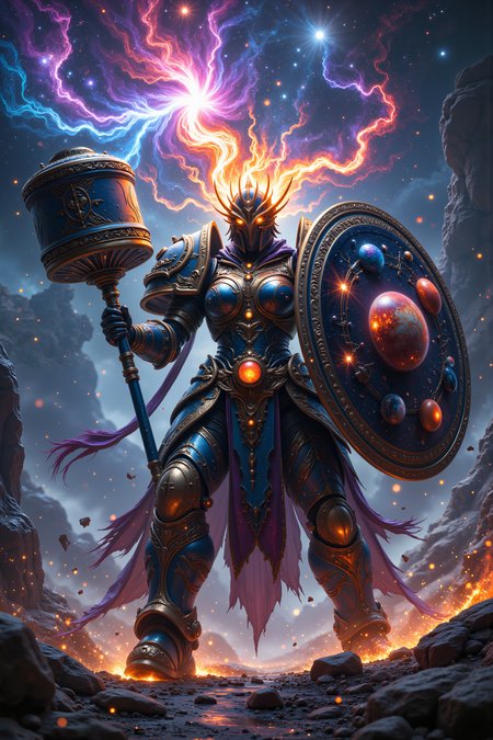 A celestial juggernaut strides forward, her every step leaving starlight footprints in reality. Her massive warhammer 'Constellation Breaker' contains a captured nebula that swirls within its head. Cosmic energy cascades off her form like a river of stars. Her helmet is fashioned after a solar corona, with rings of enchanted metal orbiting around its crown like planets around a sun. Her armor is decorated with moving constellations that shift with the real stars above, bearing the mark of the Stellar Concordat - a supernova embracing a shield. Her kite shield seems to contain actual space within its borders, showing the birth and death of stars across its surface while its rim is decorated with the phases of a hundred moons. The endless expanse of space serves as her backdrop, visible through a massive breach in reality.  Fantastic lighting. Detailed shadows.intricate details, vivid colors, hyper-detailed, ultra-sharp<lora:FluxMythR3alisticF:0.4><lora:midjourney_whisper_flux_lora_v01:0.4><lora:aidmaMJ6.1-FLUX-V0.1:0.4><lora:Movie_Portrait:0.4><lora:Flux DetailerV2:0.4>