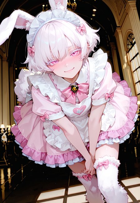 anime, best quality, dynamic pose, expressive, dynamic pose, dynamic angle, volumetric lighting, cinematic lighting, absurdres,
BREAK 
,
1girl, pixie cut, short hair, white hair, wavy hair, white eyelashes, fluffy hair, withe skin, beautiful pink eyes, little, cute, fluffy outfit, Wererabbit, animal legs, thighhigh fur, rabbit ears, fluffy, (handsome, bishounen, masculine),
BREAK 
,
indoors, ballroom, cute, blushing, shy, detailed, beautiful, masterpiece, high quality, adorable, shy smile, maid, maid headdress, apron, pink dress, frills, short sleeves, pink bow, mori_calliope