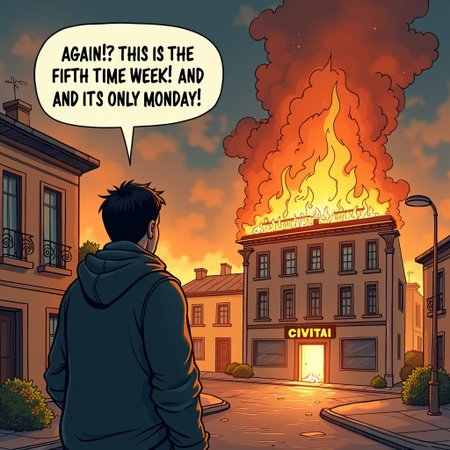 Create an image in the style of a comic about a man looking at a burning "Civitai" building and saying to himself "AGAIN!? THIS IS THE FIFTH TIME THIS WEEK! AND IT'S ONLY MONDAY!"