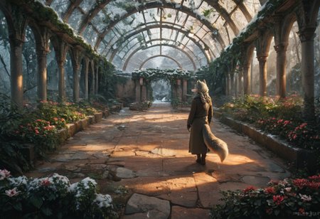 score_9, score_8_up, score_7_up,  fullbody, 1girl, furry, anthro, gray fur, wolf tail, wolf, solo, fullbody, backview, looking arround in wonder, masterpiece, best quality, very aesthetic, close up, gray hair, gray twin braids, green eyes, standing in the ruins of botanic garden with glass ceiling, overgrown, trees, frozen flowers, plants,  broken glas, snow patches ray of light, dark sky, low light, white snow, (postapocalyptic city), d, dark, worried, concerne, ragged winter clothes