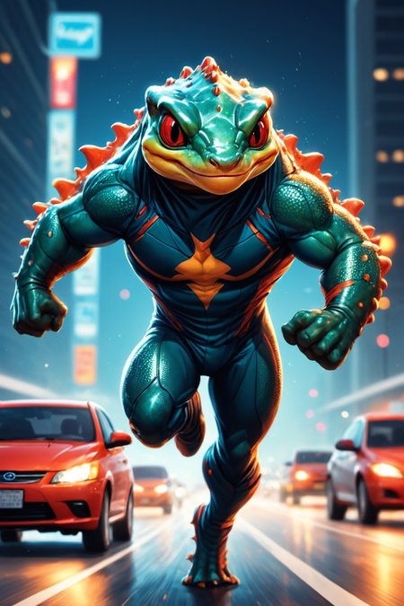 Detailed digital illustration of an anthro Salamander (Running towards the camera energetically) at a Hovering cars speeding on illuminated highways, <lora:xl_more_art-full_v1:0.5>,  <lora:anthro_muscular:0.7> , <lora:madpunk:0.4> madpunk