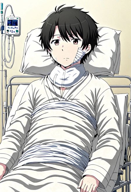 high resolution, solo, best quality, 1Boy, Inaho Kaizuka, Black Hair, sick, bandage, helpless, patient, hospital, infusion, OverallDetail