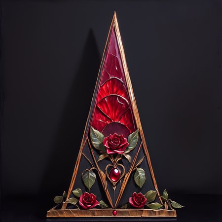 The image shows a red rose in the center of a triangle on a black background surrounded by a golden triangle. The rose is a deep red color and the triangle is a golden hue. The background is a stark black creating a striking contrast with the vibrant red of the rose., no humans, still life, flower, red flower, rose, traditional media, red rose, border, leaf, painting (medium), framed, red gemstone, acrylic paint (medium), coffin core_9, score_8_up, score_7_up,  <lora:Art_DecoPony:1> ArsMJStyle, Art Deco