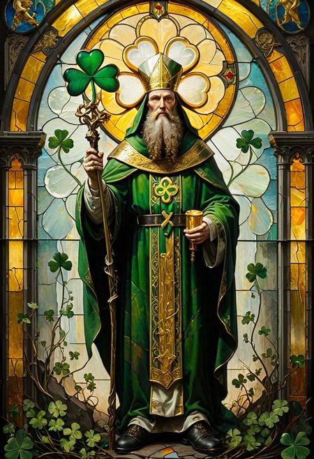 Iconic oil painting, St. Patrick, resolute expression, golden staff emitting holy light, monstrous kaiju clover, stylized tendrils, cracked stained glass background, symbols of Irish Christianity