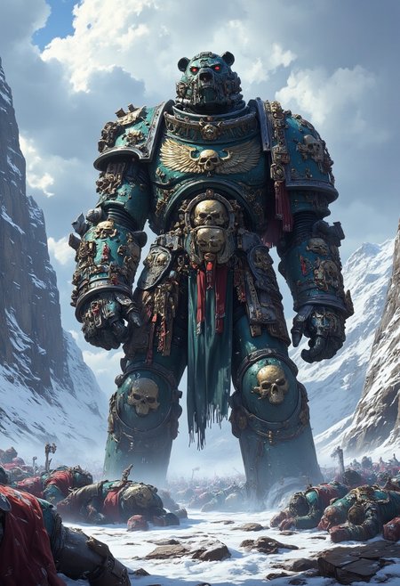 ((Dark fantasy art)) 
The image depicts a massive, humanoid bear standing in a snowy battlefield. The bear is dressed in dark fantasy armor and adorned with skulls, chains, and furs. Its imposing size and fierce expression suggest a dominant warrior. Surrounding the bear are fallen soldiers and debris, giving the impression of a fierce battle. Snow-covered mountains and a cold, stormy sky form the background, enhancing the dark, brutal atmosphere of the scene.
