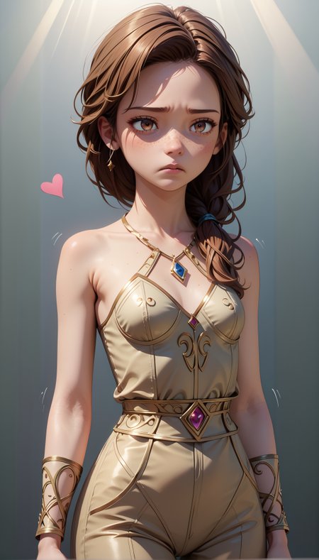 score_9, score_8_up, score_7_up,masterpiece,best quality,high quality,rating_safe,sfw,anime artwork,cinematic,very aesthetic,natural lighting,3d cartoon, 1girl french,hazel eyes,solo, (((young adult)),older),hand shaking with a man,pain, sleepy, long brown hair, pony tail hairstyle,jumpsuit,small breasts, detailed skin,intricate skin details, freckles:1.5, sideways, face, heart background, warm golden hour lighting, detail shadow, detailed skin texture, natural skin, clean skin pores, highly detailed iris, highly detailed skin texture, perfect eyes,intricate details,extremely detailed, highly detailed, detailed,absurdres,Hires