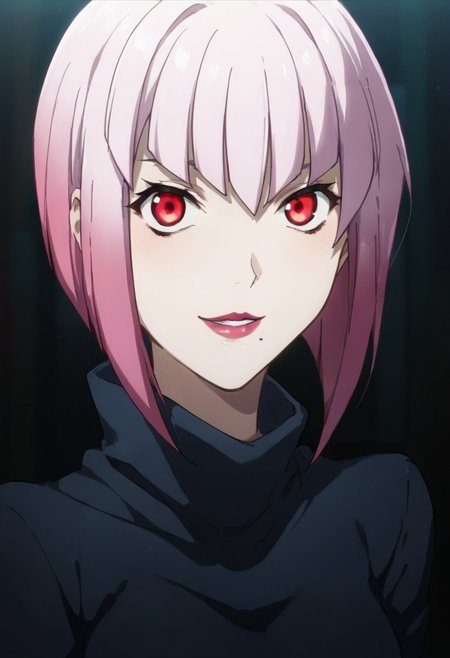 score_9,score_8_up,score_7_up,score_6_up,score_5_up,score_4_up,anime coloring,source_anime,<lora:Valsh_Rozzo_Valctovoel_Girika_Kekkai_Sensen_Pony:0.8>,girika,1girl,solo,red eyes,short hair,pink hair,mole under mouth,lipstick,turtleneck,black dress,smile,multicolored background,portrait,upper body,looking at viewer,