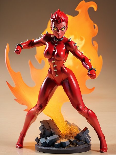 score_9, score_8_up, score_7_up, 1girl, fighting stance, fire around her, destruction, looking at viewer, full body, (dynamic pose:1.1), dynamic angle, 
 <lora:RachelSummer_character:0.8> RachelSummer, very short hair, yellow eyes, red hair, latex bodysuit, spikes, (facial mark:1.1), makeup, colored skin, red skin, angry, glowing,   <lora:Anime_Figure_P1:1> figure