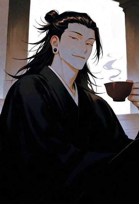 1boy, black hair, beautiful, {{detailed eyes}}, {long hair|man bun} \(hairstyle\), black top, muted colors, {{detailed face}}, semi-realistic painting, {{aesthetic}}, {{{best quality}}}, stunning, soft features, looking at viewer, wide angle, dark, {confident|playful} \(expression\), sitting, in the temple, drinking traditonal japanese tea, getou suguru, male focus, ear piercing, black kimono <lora:DetailedEyes_V3:1>