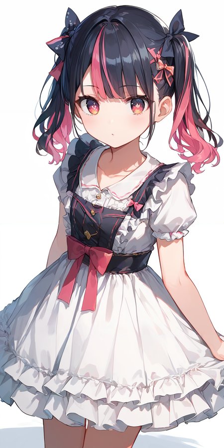 score_9, score_8_up, score_7_up,source_anime, high res image,masterpiece,best quality,girl,cute face,clear skin,shiny hair,ultra detailed eyes,simple background,  <lora:half twintail_pony_V1.0:1> half twintail, multicolored hair,ribbon <lora:gothic dress_Pony_V1.0:1> jyojifuku, dress, frills, ribbon, hair bow