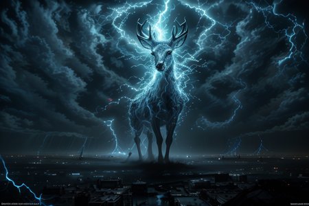 ethereal fantasy concept art of  masterpiece,best quality,absurdres,high details,8K,photorealistic,giant deer into sky over city,<lora:Concept_-_LightningPunk_v1:0.5>,dianhuun,glowing,lightning,electricity,glowing eyes,lightning antlers,<lora:Concept_-_Hella-sthetic_v2:0.5>,storm cloud, , intricate, elegant, highly detailed, symmetry, magical atmosphere, sharp focus, majestic, very coherent, radiant, advanced, cinematic, artistic, fine detail, winning, beautiful, stunning, dramatic light, designed, rich deep colors, perfect professional background, ambient, tailored set composition  . magnificent, celestial, ethereal, painterly, epic, majestic, magical, fantasy art, cover art, dreamy