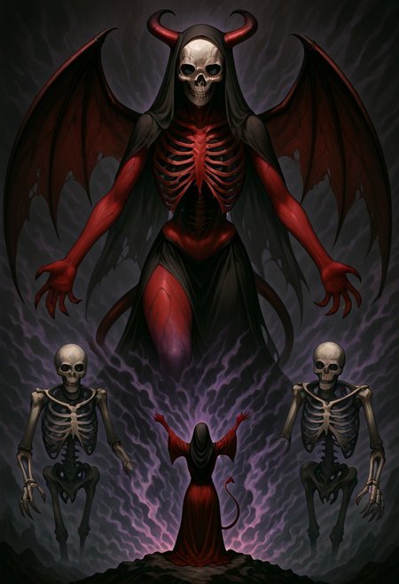 masterpiece, best quality, newest, absurdres, highres, anime, anime style, 1girl, demon girl, Purple skin, 
1girl, red skin, red colored skin, demon girl, succubus, demon horns, horns, demon wings, demon tail, wings, horror (theme), monster girl, skull, skull mask, bones, skeleton, veil, veiled face, mask,
, giantess giant, size difference