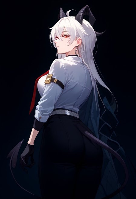 score_9, score_8_up, score_7_up, source_anime, 
wrnchwuwazani, horns, hair between eyes, red eyes, long hair, large breasts, white hair, demon horns, ahoge, 
demon tail, 
collared shirt, white shirt, red necktie, long sleeves, black gloves, earrings, jewelry, black choker, black pants, belt, shirt tucked in, button gap
shy, rear view,  Expressiveh