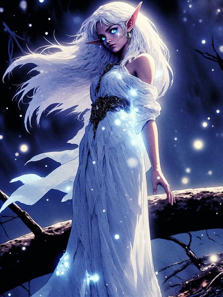 very detailed and aesthetic image of a stunningly beautiful, gorgeous elven woman with ethereal features in an ancient forest at night, facing the viewer in a dynamic pose, she has long pointed ears and very long, detailed, silky white hair swept by a soft breeze, she is wearing a long, flowing gown of luxurious, white translucent fabric, a soft glow emanates from her body, creating a subtly glowing aura, the background consists of a surreal dreamscape during twilight, with soft backlighting and light passing through her hair, her detailed, glowing, magical blue eyes add an otherworldly charm to the scene, the atmosphere is ethereal and dreamlike, with diaphanous elements blending into the misty forest surroundings, accentuating the mystical beauty of the elf, <lora:style-retro_anime-flux-by_lizardman245:1.2> <lora:image_enhancer-flux-by_dever:0.8>