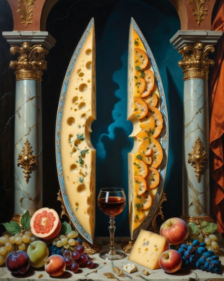 ethereal fantasy concept art of  Renaissance style Baroque, Art painting by René Magritte and Tjalf Sparnaay , featured on Piotr Jabłoński,, domain wall orchards, agricultural anomalies producing symmetry breaking cheeses aged in false vacuum cellars,
<lora:iLLMythG0thicL1nes:0.7> G0thicL1nes,
<lora:detailed_notrigger:0.7>
<lora:add-detail-xl:0.7>,
 <lora:Chromatic_Taleweaver:0.3> ,
<lora:xl_more_art-full_v1:0.7>,, Baroque art style, dynamic composition, dramatic lighting, rich colors, intricate details, professional-grade execution, captures the grandeur and theatricality of the Baroque period, dramatic, exuberant, grandeur, baroque art, oil painting art style from Renaissance period, masterful composition, Renaissance mood, renaissance oil painting, brush strokes . realistic, perspective, light and shadow, religious or mythological themes, highly detailed, magnificent, celestial, ethereal, painterly, epic, majestic, magical, fantasy art, cover art, dreamy