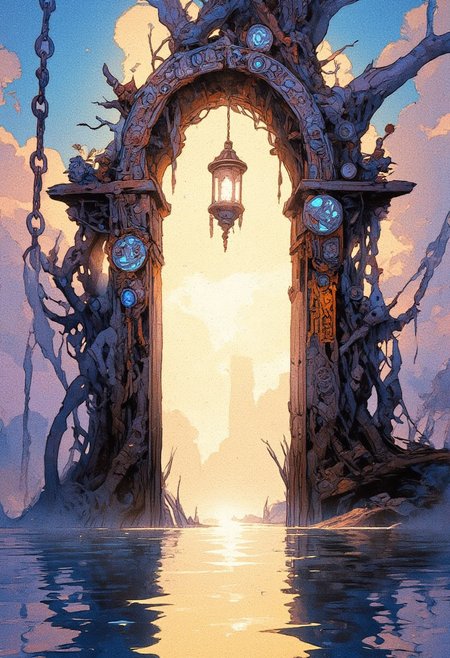 A surreal fantasy scene featuring an elegant, mystical gateway emerging from calm, reflective waters. The gateway is constructed from dark, twisted wood and adorned with intricate silver filigree, delicate hanging ornaments, and glowing blue gemstones embedded in its structure. Suspended at the apex of the arch is an ethereal lantern emitting a soft, radiant light that casts a gentle glow on the surrounding mist. The atmosphere is dreamlike, with a gradient sky blending soft blues, purples, and warm golden hues, creating a sense of divine energy. The water below mirrors the gateway, forming a perfect reflection, subtly distorted by gentle ripples. Chains with ornate geometric links extend from the structure, vanishing into the mist, suggesting an unseen connection to a greater realm. The overall mood is mysterious and enchanting, evoking themes of sacred portals, hidden dimensions, and forgotten magic. The art style is a blend of fantasy realism with soft painterly textures and atmospheric lighting.
,  anime, cyberpunk