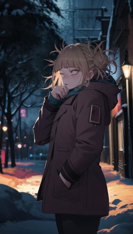 1 girl, <lora:TogaHimikoLoRA:1>, blond hair, closeup, (extremely detailed:1.3), night, forest, dark, winter, (snowstorm:1.4), snow, dark, red winter jacket, blue colors, night, extremely dark, late night, without lights, grim-dark atmosphere, <lora:LowRA:1> ,