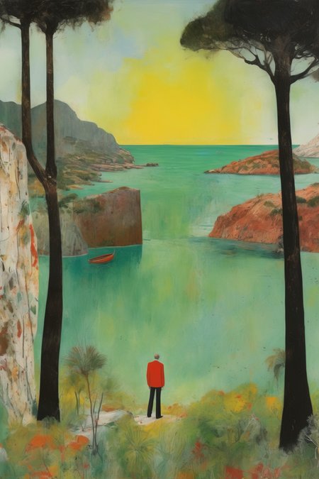 <lora:Peter Doig Style:1>Peter Doig Style - Embark on a visual exploration of Peter Doig's imaginative world as he finds inspiration on the captivating island of Corsica, resulting in a vibrant and evocative painting that captures the essence of this Mediterranean paradise. Imagine a large-scale painting that encapsulates Peter Doig's artistic vision and his encounter with the breathtaking landscapes and cultural richness of Corsica. The composition is a tapestry of vibrant colors, dynamic brushwork, and symbolic elements that blend Doig's distinctive style with the essence of this island gem. The painting portrays a rugged coastal scene, a fusion of Corsica's dramatic cliffs, crystal-clear turquoise waters, and lush greenery. Doig's brushstrokes are expressive, capturing the energy and movement of the landscape. The colors are vivid and alive, reflecting the Mediterranean sun that bathes the island in a warm, golden light. In the foreground, a figure reminiscent of Doig's enigmatic characters emerges, gazing out towards the horizon. The figure is silhouetted against the vibrant backdrop, their posture suggesting a sense of contemplation and connection with the natural surroundings. This central figure represents the artist himself, immersed in the sensory experience of Corsica, seeking inspiration and a deeper understanding of the island's essence. The painting is infused with symbols and motifs inspired by Corsican culture and mythology. Delicate wildflowers that flourish in Corsica's landscape intertwine with elements of local folklore, such as the iconic Corsican flag or the silhouette of a traditional shepherd's hut. These symbols evoke a sense of Corsican identity and add layers of meaning to the composition. The interplay of light and shadow is crucial in the painting, capturing the island's ever-changing atmospheric conditions. Sunlight filters through the trees, casting dappled patterns on the ground, while shadows dance across the cliffs and shoreline, creating a sense of depth and movement. The juxtaposition of light and shadow adds an ethereal quality to the painting, inviting viewers to immerse themselves in its atmospheric charm. Textures play a significant role in the painting, capturing the tactile qualities of Corsica's natural elements. The roughness of the cliffs, the softness of the waves, and the delicacy of the flowers are all rendered with a variety of brushstrokes and impasto techniques. The textures invite viewers to engage with the painting on a sensory level, heightening their connection with the artwork. The overall atmosphere of the painting is one of tranquility and serenity, reflecting the slower pace of life on the island. It invites viewers to escape into the idyllic world of Corsica, to experience its beauty, and to reflect on the intrinsic connection between nature and the creative spirit. Through this painting, viewers are transported to Corsica, joining Peter Doig on his artistic journey through this Mediterranean paradise. It celebrates the allure of the island's landscapes, culture, and mythology, inviting viewers to immerse themselves in its beauty and contemplate the profound influence of place on artistic inspiration. Ultimately, the painting serves as a testament to the transformative power of art and the deep connections between artists and the environments that inspire them. It invites viewers on a Midjourney, encouraging them to explore the magic of Corsica through Peter Doig's visionary lens, and to reflect on the universal human longing for connection, beauty, and artistic expression.