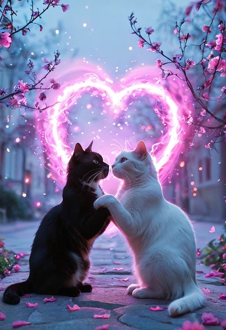 photograph of two floating cats, facing each other in an intimate and harmonious pose. The left cat is black, while the right cat is white, creating a striking contrast. They are surrounded by delicate, blooming branches with small flowers, adding a serene and romantic atmosphere. The background is softly blurred, focusing the viewer's attention on the cats and their interaction. The lighting is soft, emphasizing the texture of their fur and the gentle ambiance of the scene. pink heart in front of them,   ethereal glowing swirls, mystical light particles, dreamy atmosphere, vibrant neon mist, twilight city street, hyper-detailed fabric texture, soft illuminated fog, cinematic soft lighting, glowing blue and magenta hues, fantasy realism, enchanted night