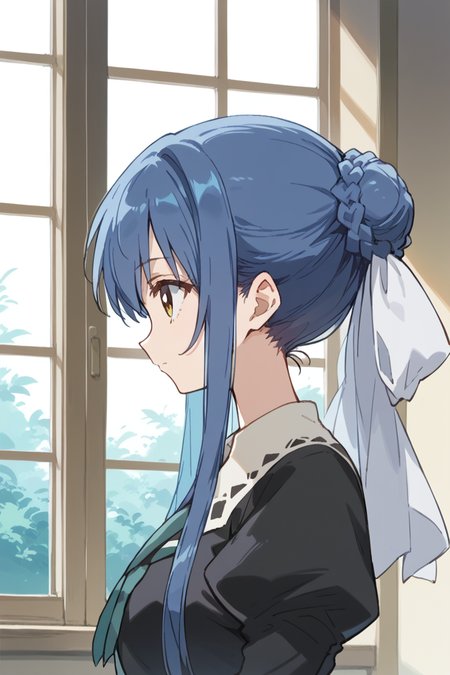 score_9, score_8_up, score_7_up, score_6_up,
 <lora:Tamao_Suzumi:1> tamao, miator, 1girl, solo, blue hair, school uniform, profile, upper body, sidelocks, braid, window, hair bun, ribbon, long sleeves, from side, juliet sleeves, hair ribbon