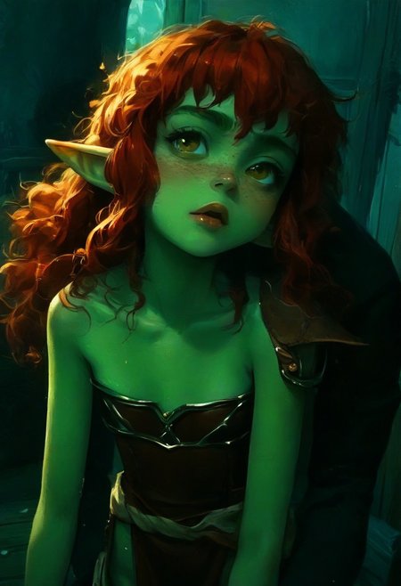 score_9, score_8_up, score_7_up, <lora:Smol:0.4>,smoll, 1girl, goblin, dark green skin,  solo female focus, large pointed ears. skinny, wild red hair, long hair, loose curly hair, green skin, freckles, Freckled ass, beautiful yellow eyes, small breasts, brown loin cloth, chest wrap. Pouting lips. Blushing,  happy loving expression.  Held off ground. Carried. 
1boy, muscular human man. Huge man. Giant man, Adventurers leather armor, Head hidden out of frame.  Dynamic angle. Big dom small sub, hetero, size difference, standing, hugging.
Inside Tavern bedroom
