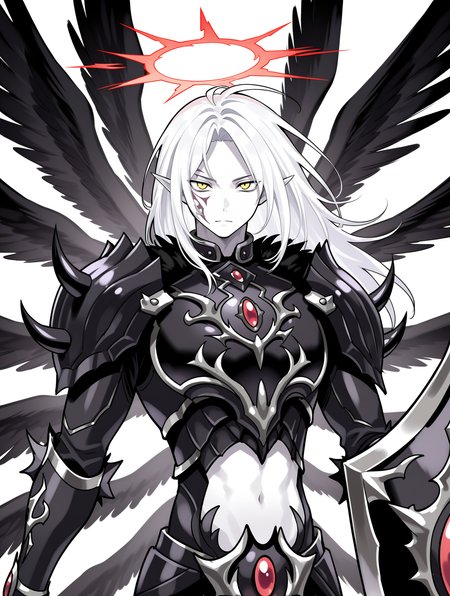 1boy,male focus,the first darklord,solo,white background,looking at viewer,simple background,black shield,holding black shield,closed mouth,red halo,white skin,facial tattoo,navel,upper body,midriff,sketch,angel,black angel wings,black armor,black breastplate,black pauldrons,black vambraces,multiple wings,dark theme,
masterpiece,best quality,amazing quality,very aesthetic,absurdres,newest,<lora:The first DarkLord illusXL v1:0.77>,<lora:wai-2Rectified-V140:0.7>,